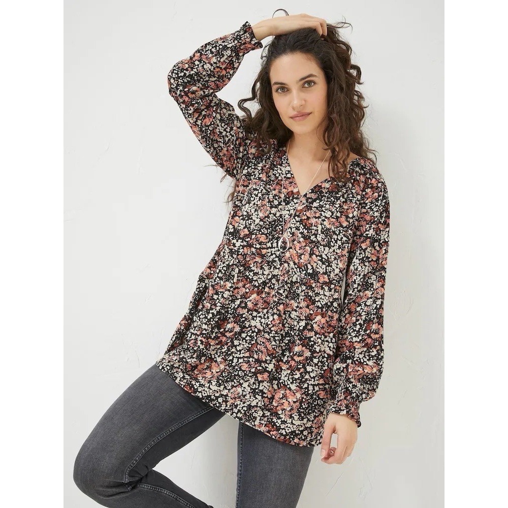 Fat Face Fern Blush Floral Blouse‎ Womens US 4 Black Boho V Neck NWT